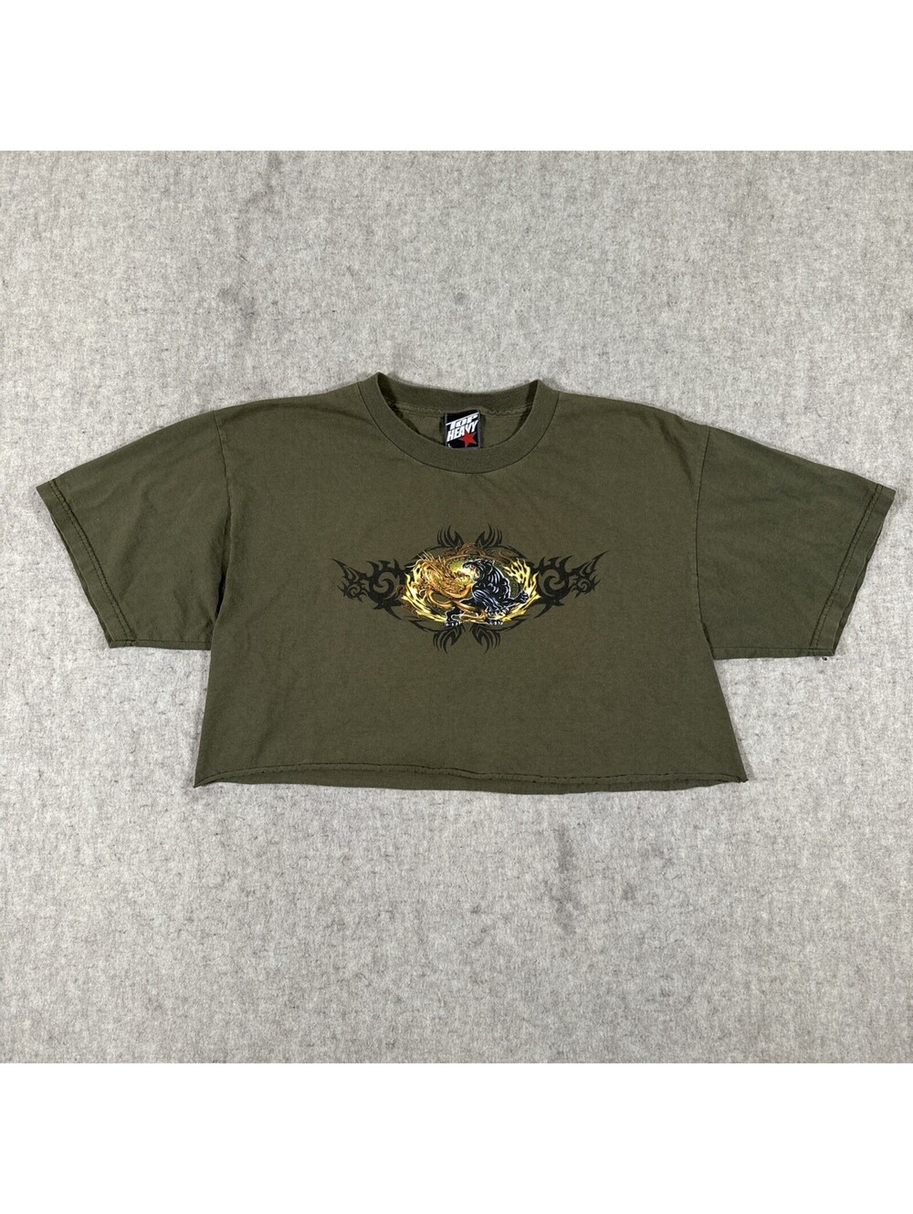 Vintage Top Heavy T-Shirt Large? Cut-Off Cropped Green Y2K Panther Dragon